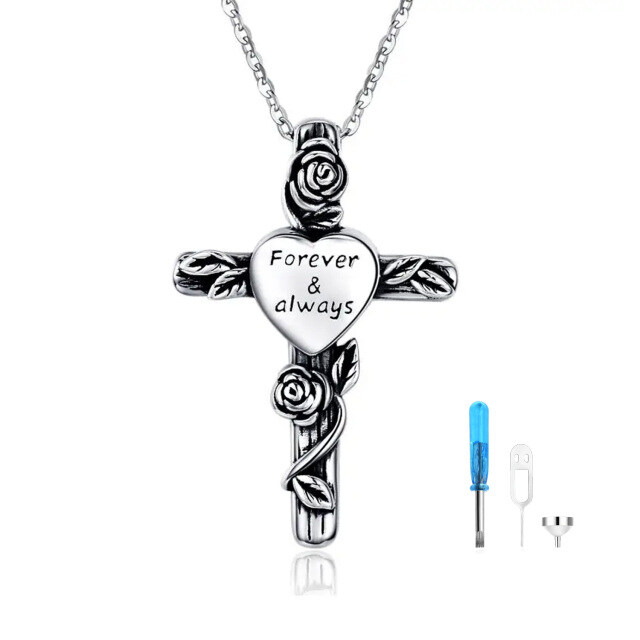 Sterling Silver Two-tone Rose & Cross Urn Necklace for Ashes with Engraved Word-0