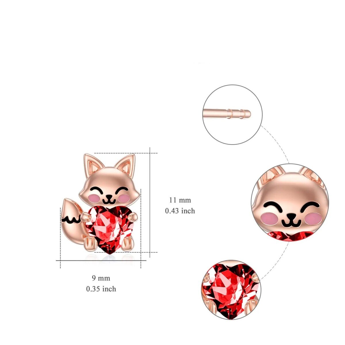 Sterling Silver with Rose Gold Plated Heart Shaped Cubic Zirconia Fox Stud Earrings-5