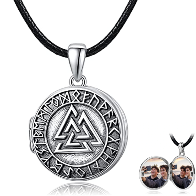 Sterling Silver Viking Rune Personalized Photo Locket Necklace for Men-0