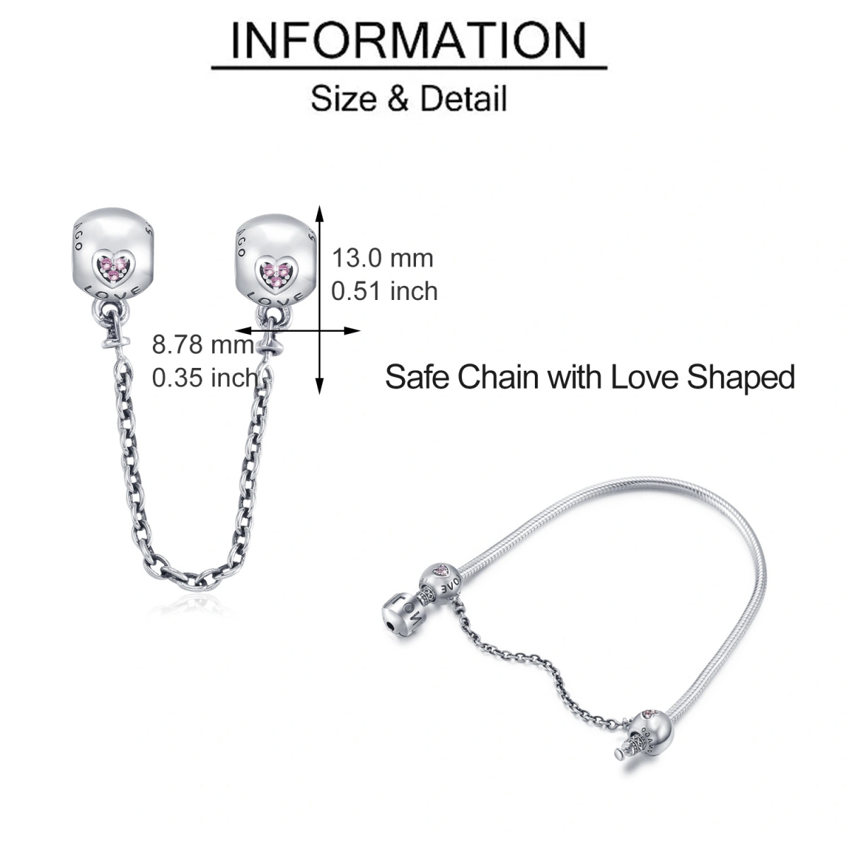 Sterling Silver Heart Shaped Cubic Zirconia Heart Safety Chain Charm with Engraved Word-6
