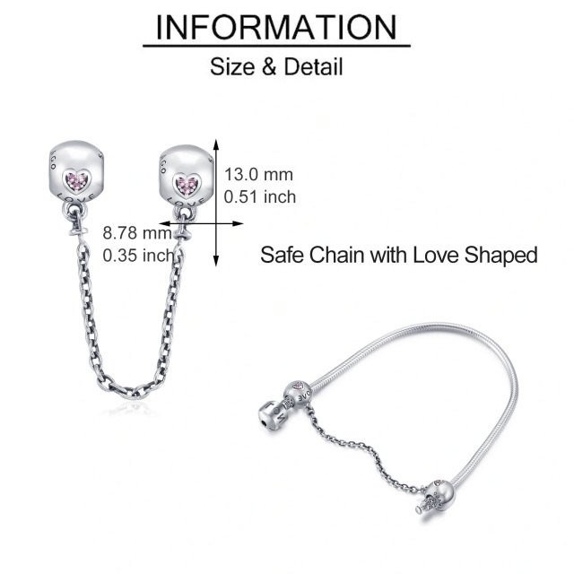 Sterling Silver Heart Shaped Cubic Zirconia Heart Safety Chain Charm with Engraved Word-5