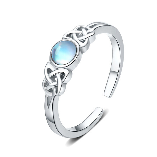 Anel aberto de prata esterlina com pedra da lua em forma circular e nó celta