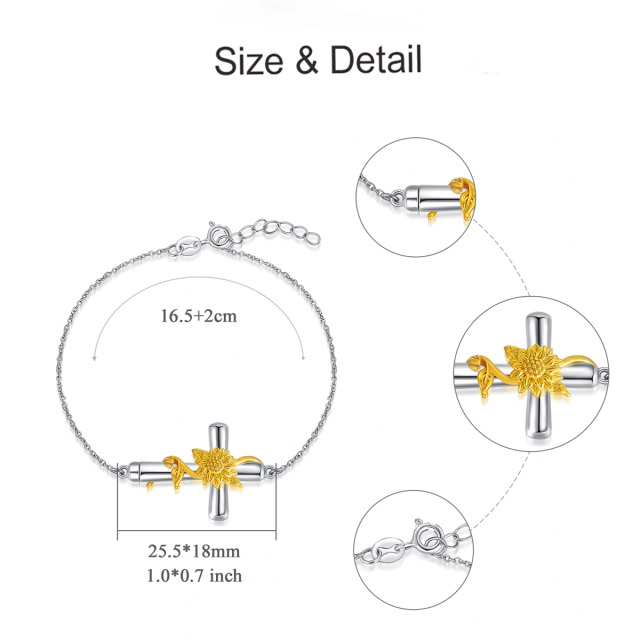 Sterling Silver Two-tone Sunflower & Cross Pendant Bracelet-4