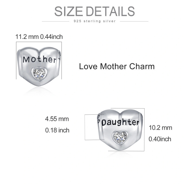 Sterling Silver Cubic Zirconia Mother & Daughter Heart Bead Charm with Engraved Word-4