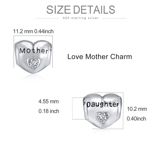 Sterling Silber Cubic Zirkonia Mutter & Tochter Herz Bead Charm mit eingraviertem Wort-4