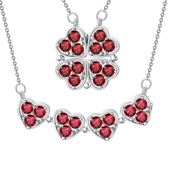 Sterling Silver Round Cubic Zirconia Four Leaf Clover & Heart Pendant Necklace