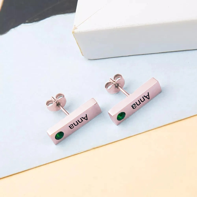 Sterling Silver with Rose Gold Plated Zircon Bar Stud Earrings-1