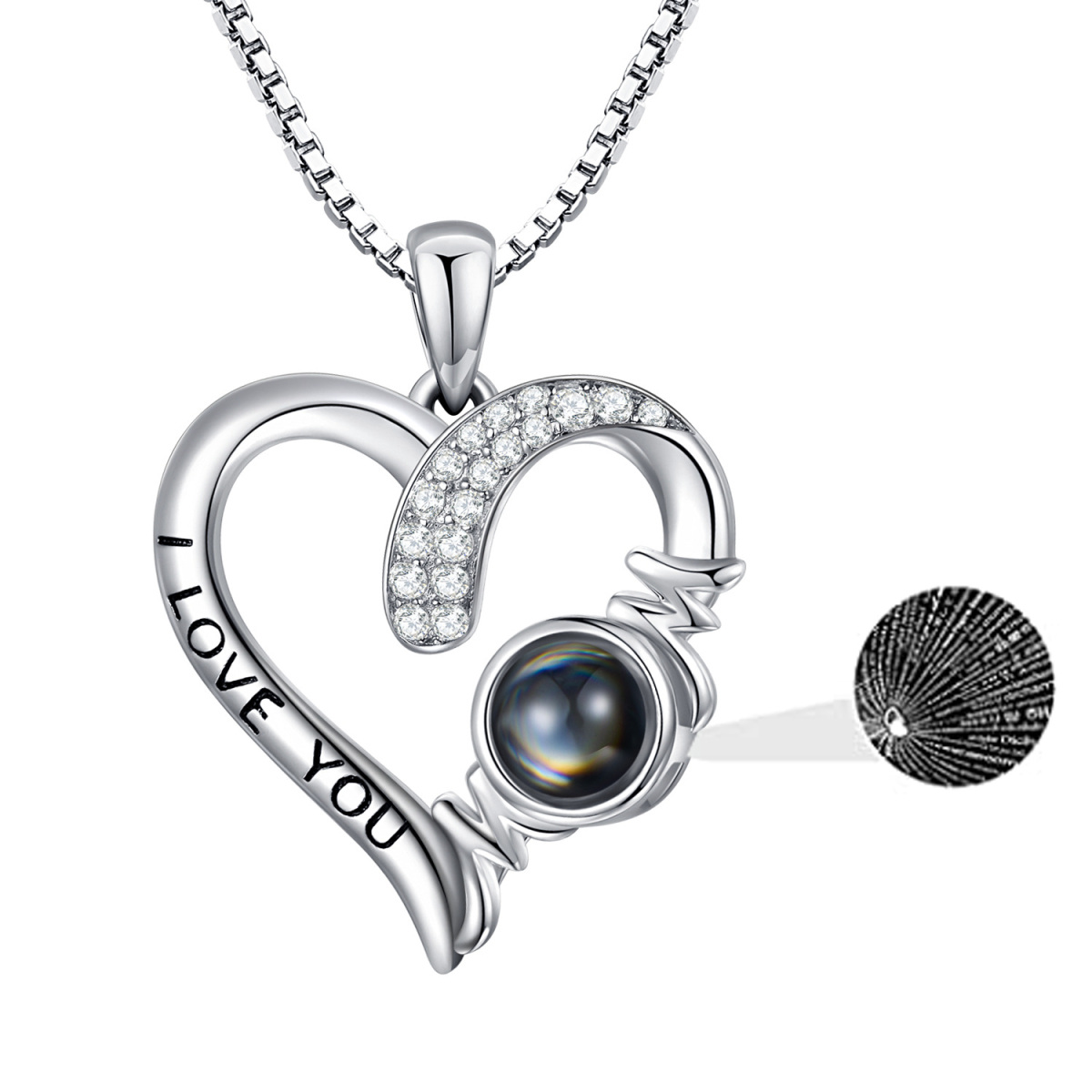 Sterling Silver Circular Shaped Projection Stone Mother & Heart Pendant Necklace with Engraved Word-1