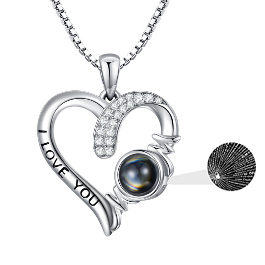 Sterling Silver Circular Shaped Projection Stone Mother & Heart Pendant Necklace with Engraved Word