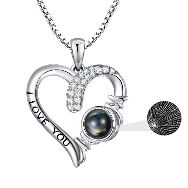 Sterling Silver Circular Shaped Projection Stone Mother & Heart Pendant Necklace with Engraved Word-0