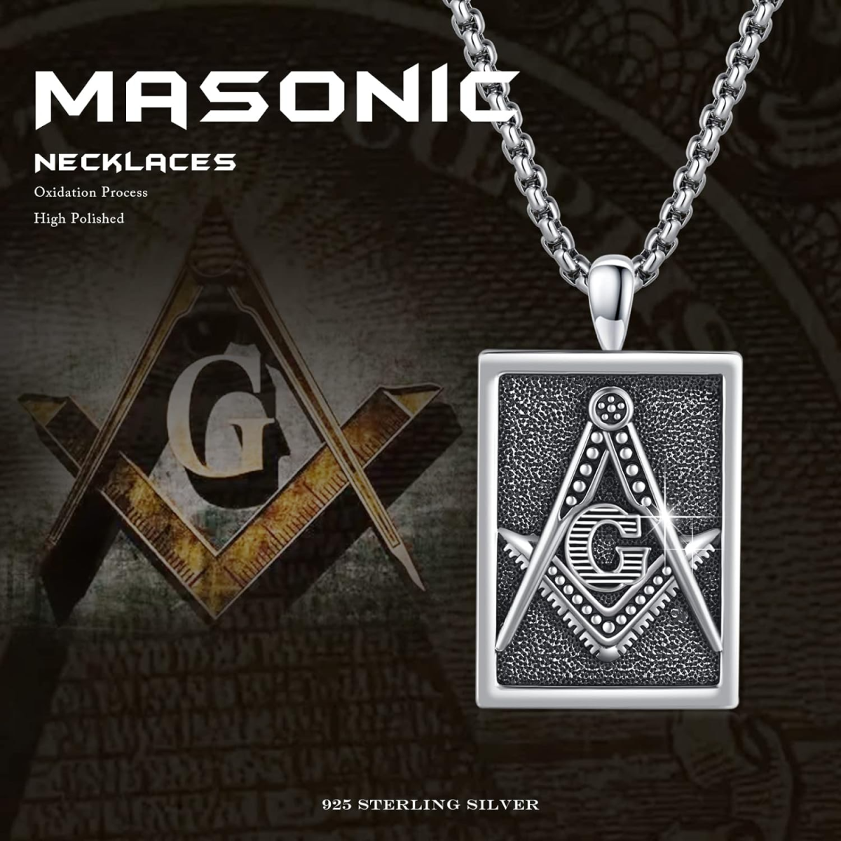 Sterling Silver Masonic Symbol Pendant Necklace-4