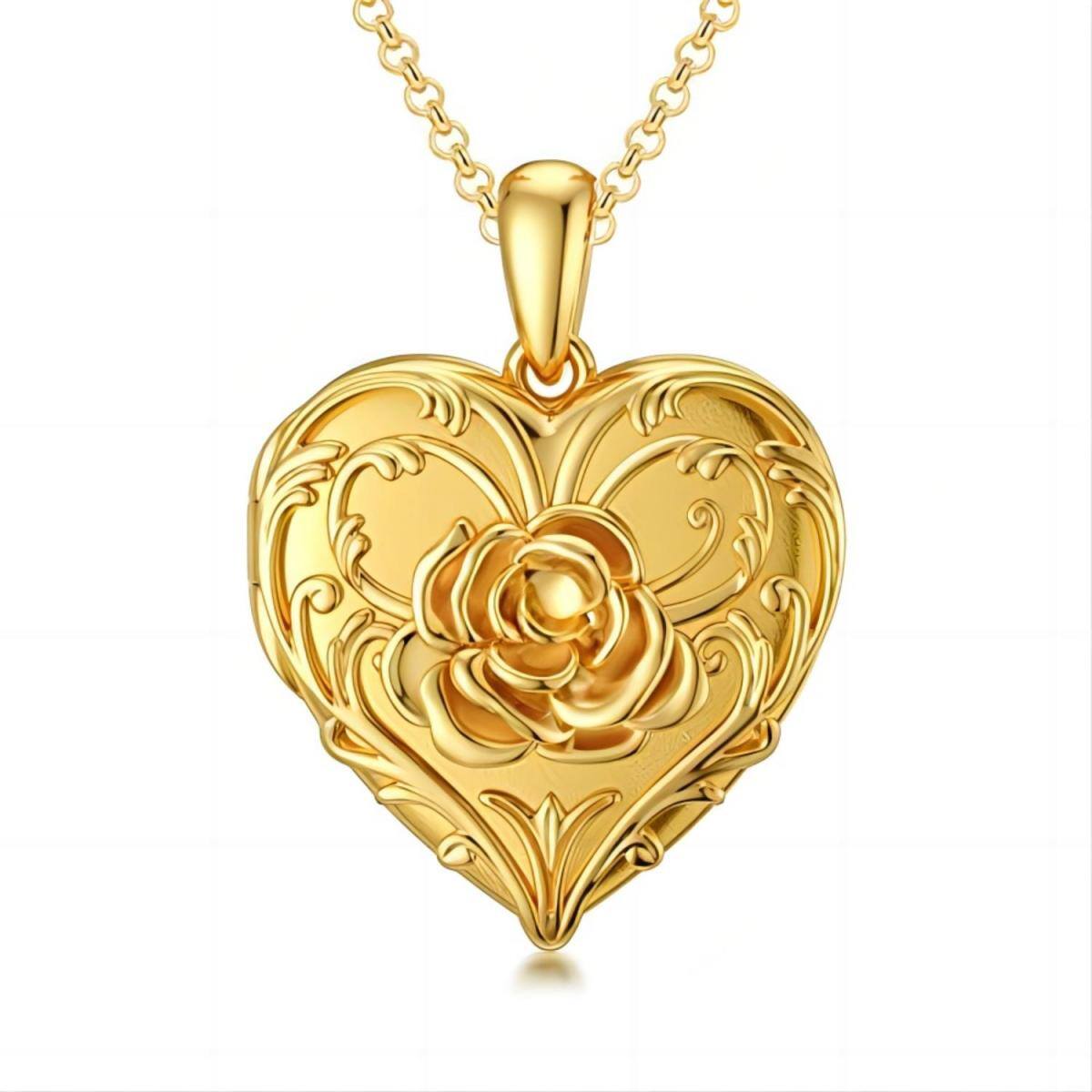 10K Gold & Personalized Engraving Rose & Personalized Photo & Heart Personalized Photo Locket Necklace-1