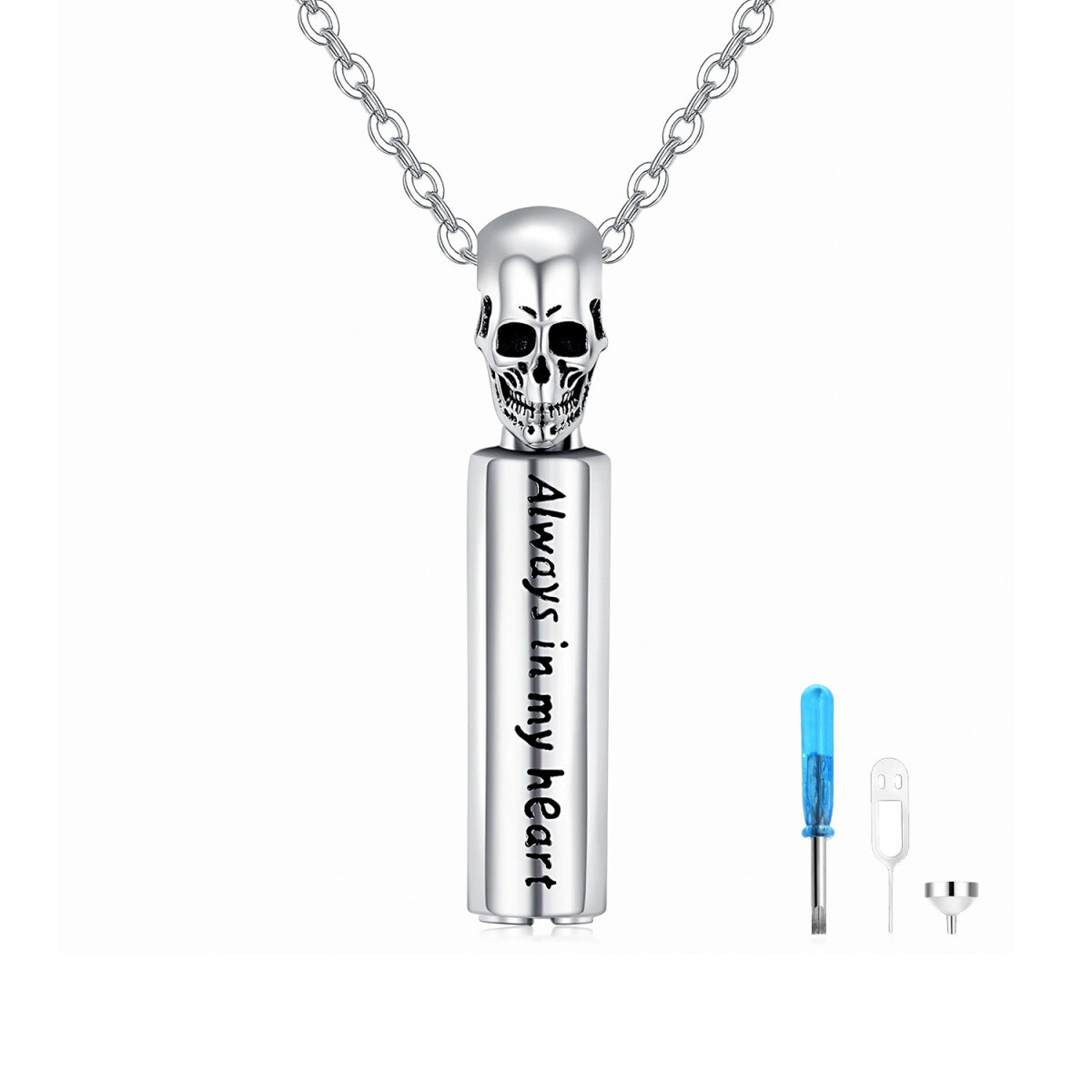 Sterling Silber Totenkopf Bar Urne Halskette für Asche mit eingraviertem Wort-1