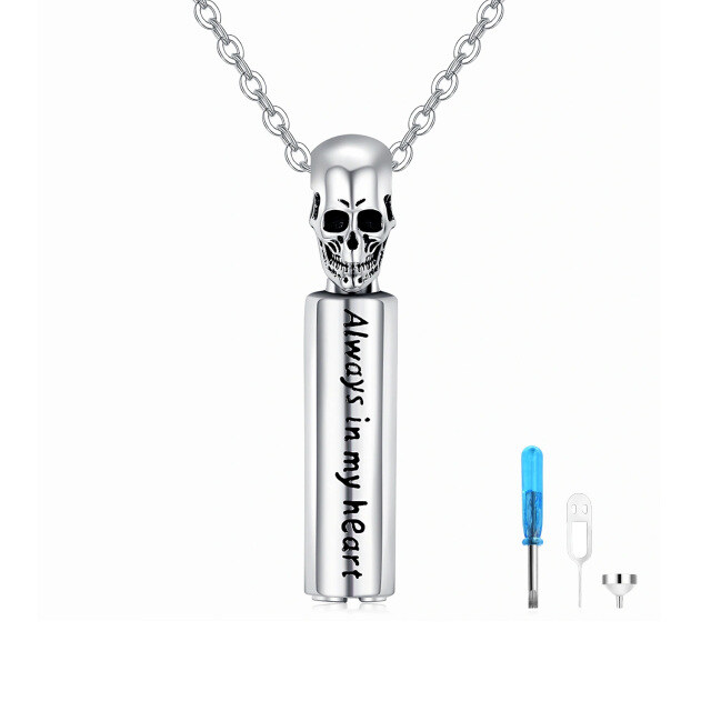 Sterling Silver Skull Bar Urn Necklace for Ashes with Engraved Word-0