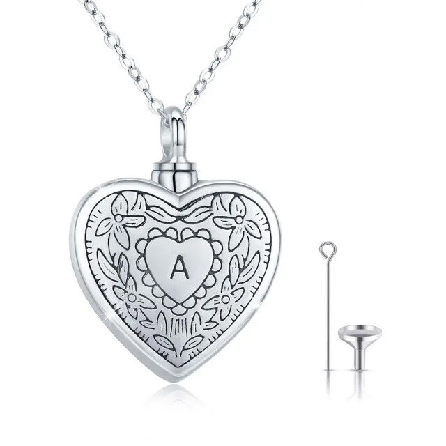 Sterling Silver Heart Urn Necklace for Ashes with Initial Letter A-0