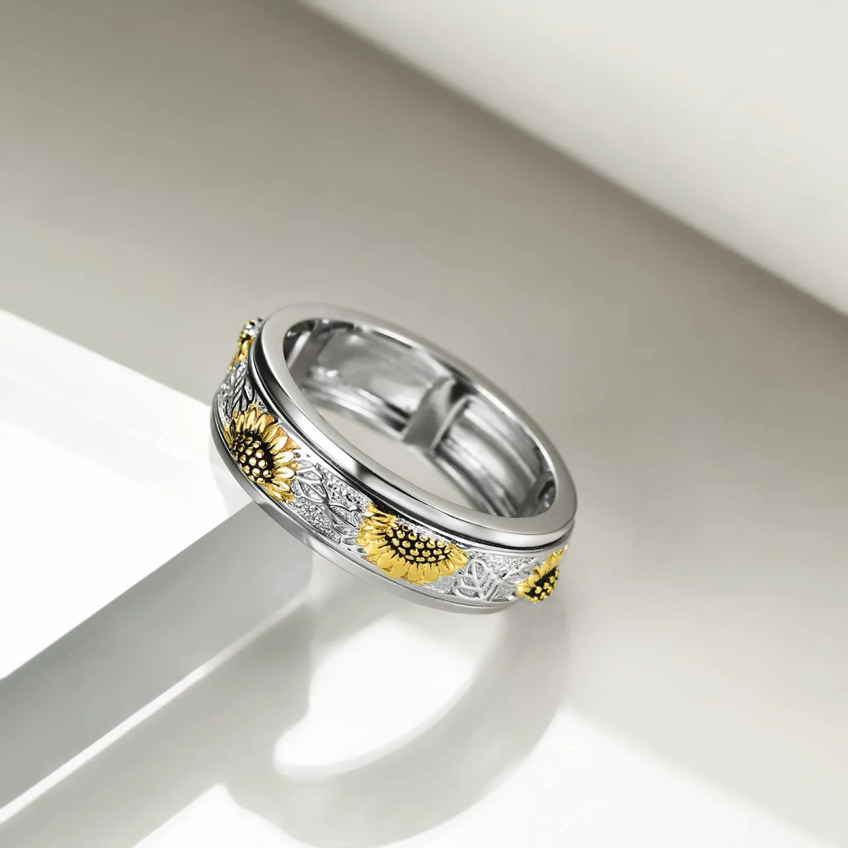 Zweifarbiger Spinnerring aus Sterlingsilber mit Sonnenblumenmotiv-6