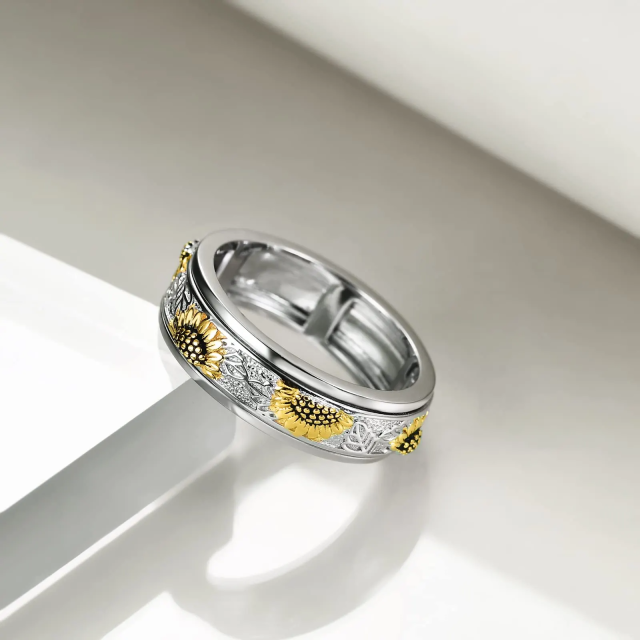 Sterling Silver Two-tone Sunflower Spinner Ring-6