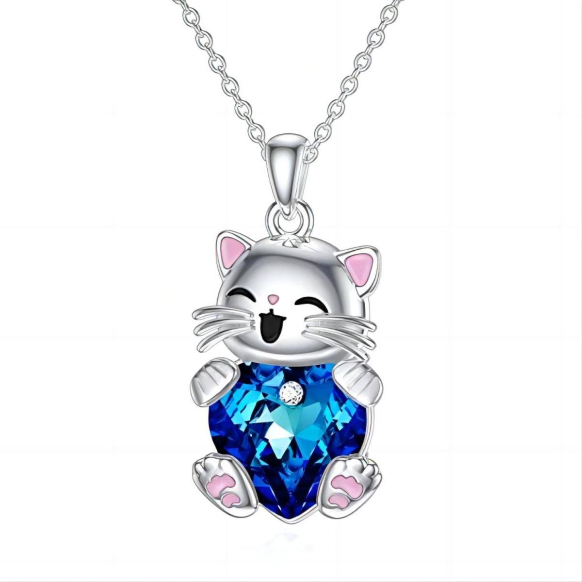 Sterling Silver Heart Crystal Cat Pendant Necklace-1