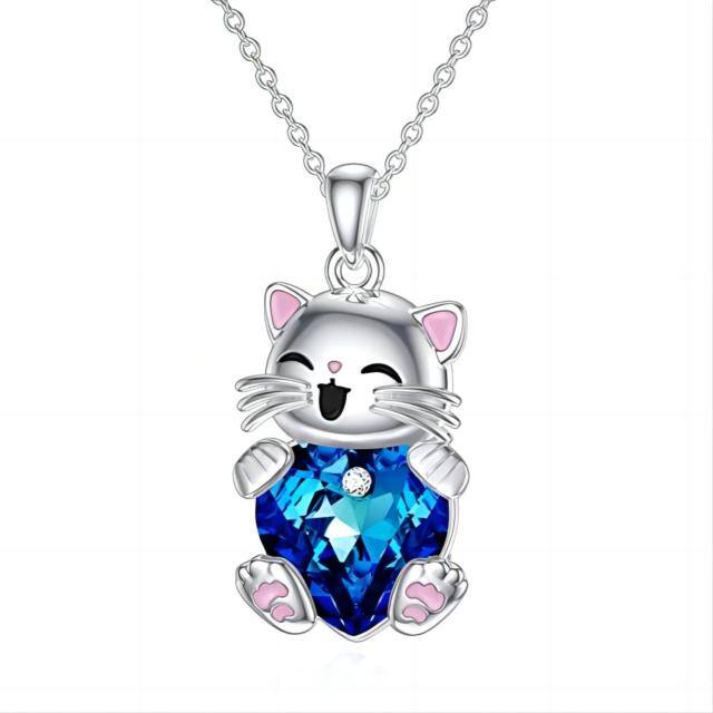 Sterling Silver Heart Crystal Cat Pendant Necklace-0