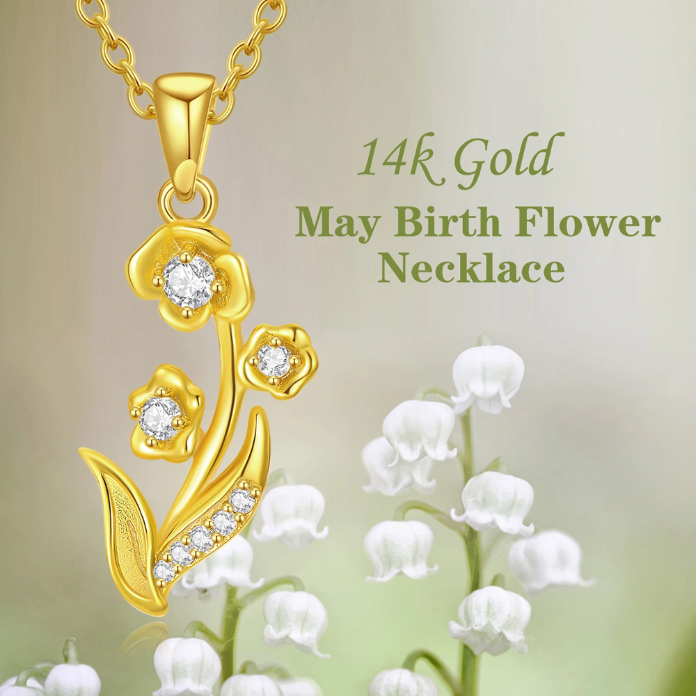 14K Gold Circular Shaped Cubic Zirconia Lily Pendant Necklace-5