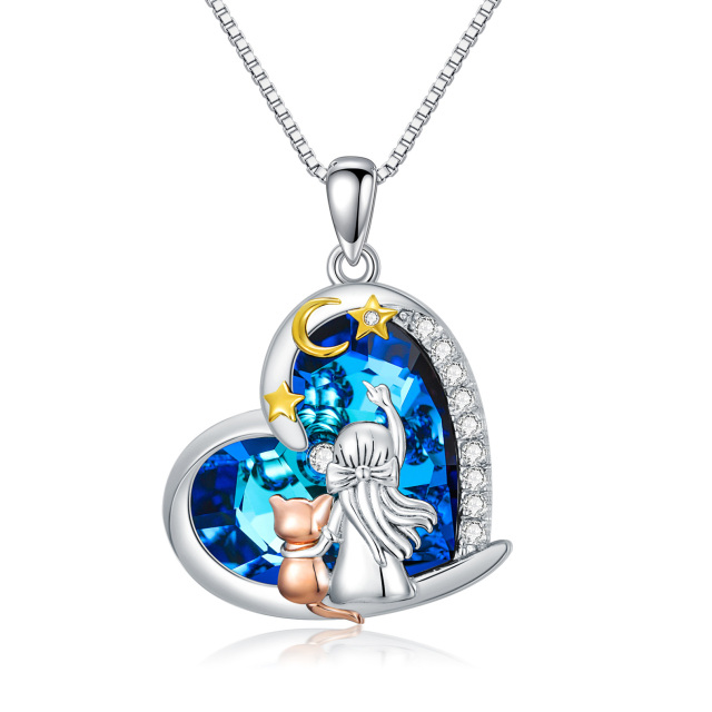 Collana con ciondolo in argento sterling a forma di cuore, gatto e cuore, luna e stella.-1