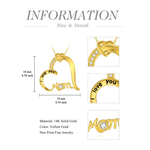 Colar com pingente de coração em zircónio cúbico em ouro de 14K com palavra gravada-3