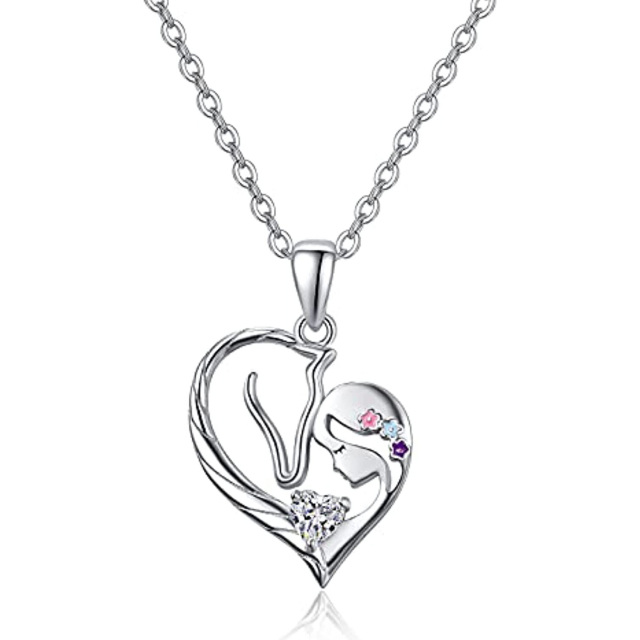 Sterling Silver Heart Shaped Cubic Zirconia Horse & Heart Pendant Necklace-4