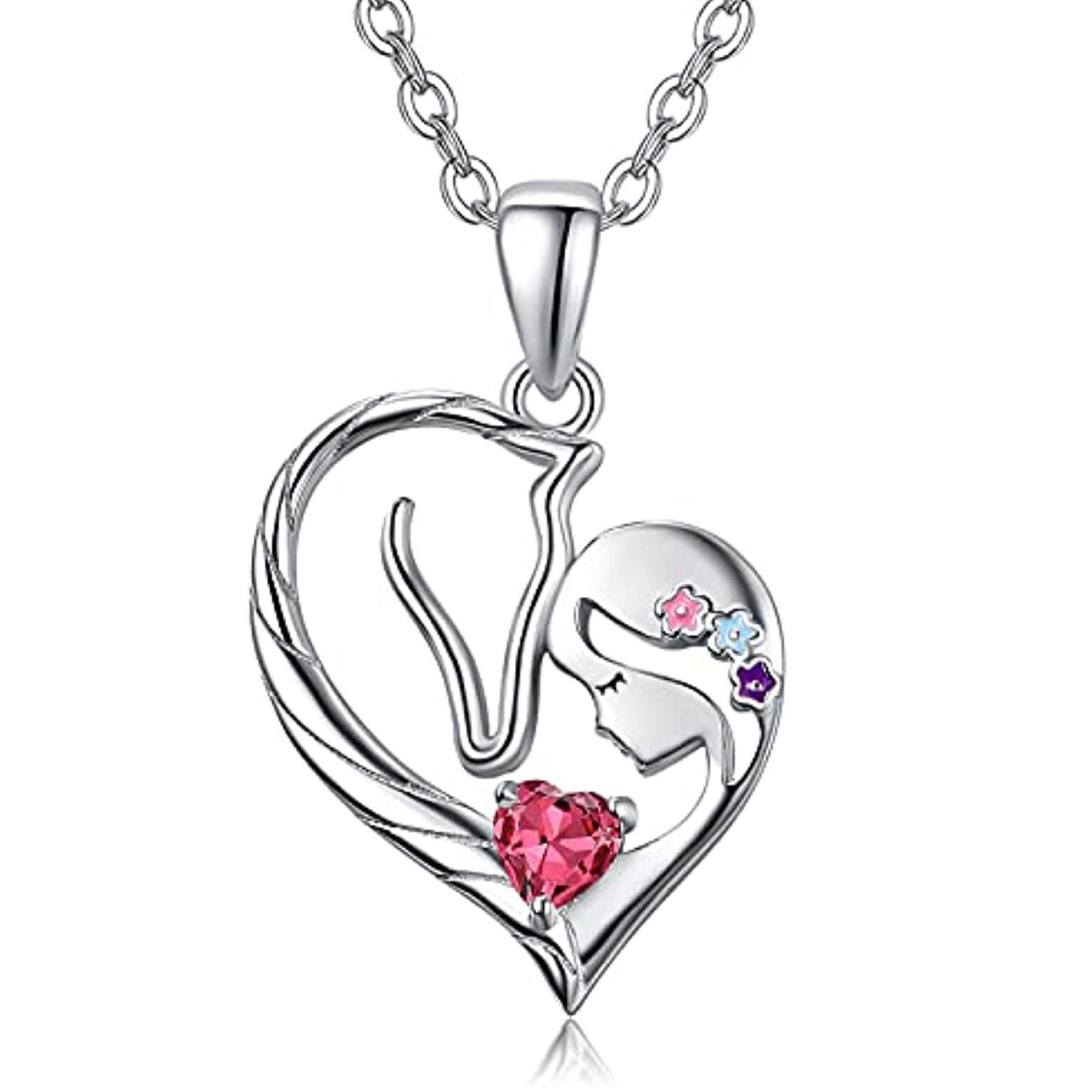 Sterling Silver Heart Shaped Cubic Zirconia Horse & Heart Pendant Necklace-1