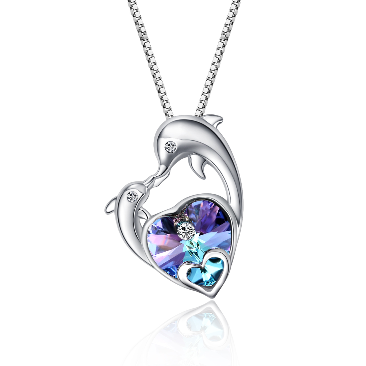 Sterling Silver Heart Shaped Crystal Couple Dolphin Pendant Necklace-1