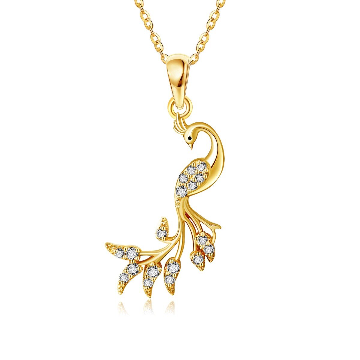 14K Gold Circular Shaped Cubic Zirconia Peacock Pendant Necklace-1