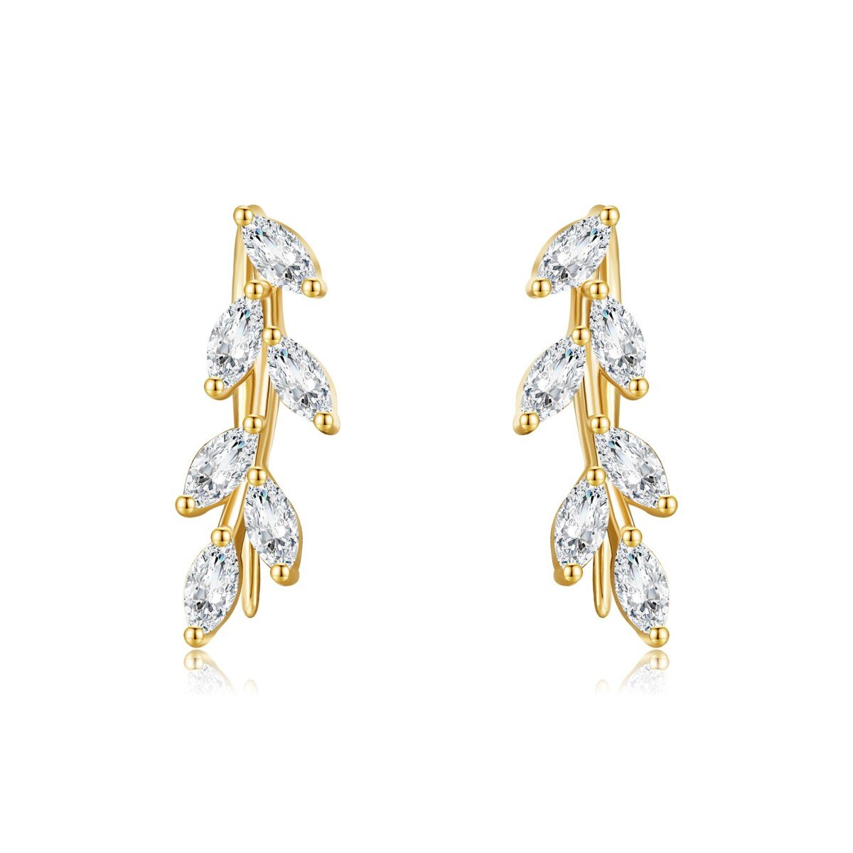 14K Gold Marquise Shaped Cubic Zirconia Leaves Climber Earrings-1