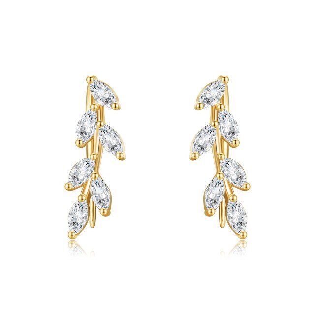14K Gold Marquise Shaped Cubic Zirconia Leaves Climber Earrings-0