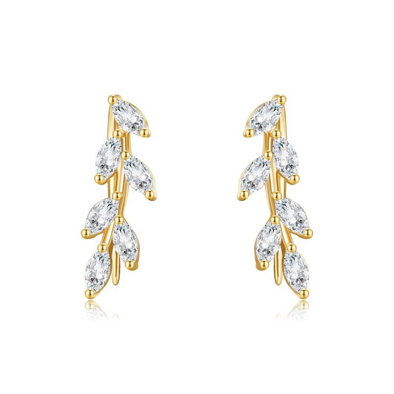 14K Gold Marquise Shaped Cubic Zirconia Leaves Climber Earrings