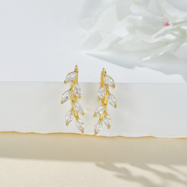 14K Gold Marquise Shaped Cubic Zirconia Leaves Climber Earrings-2