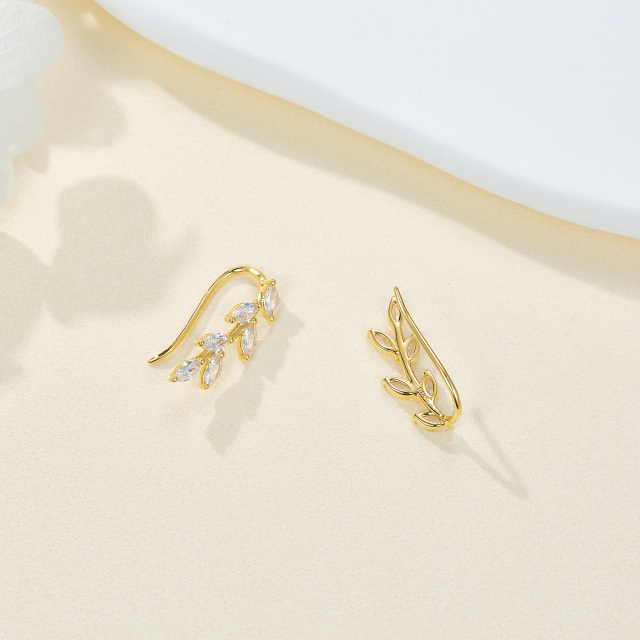 14K Gold Marquise Shaped Cubic Zirconia Leaves Climber Earrings-3