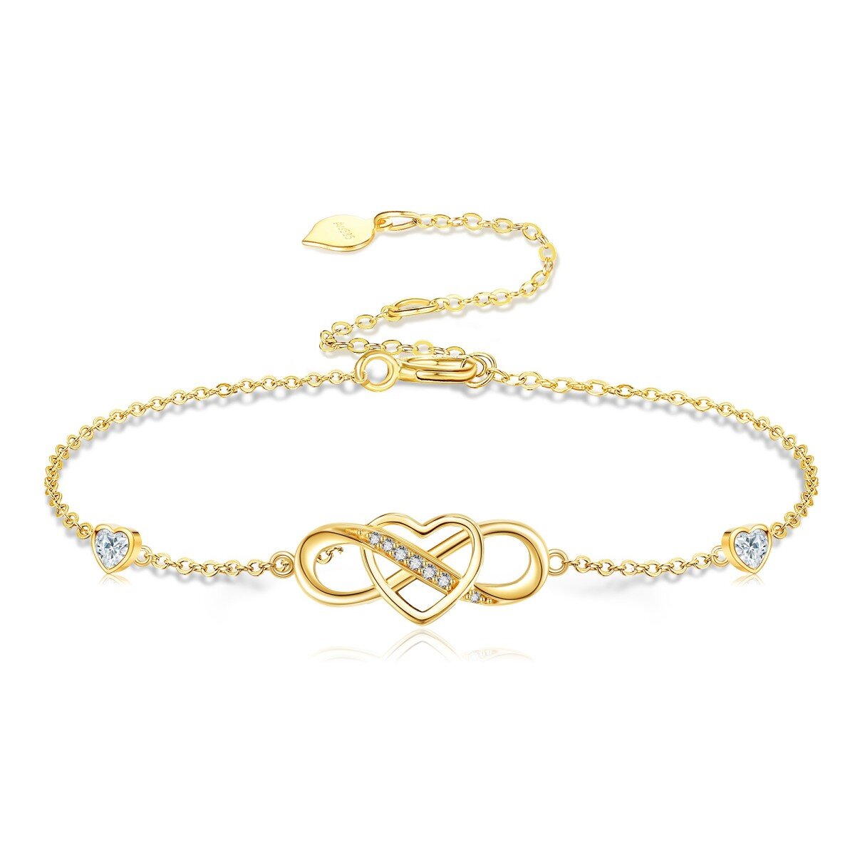 14K Gold Circular Shaped & Heart Shaped Cubic Zirconia Heart & Infinity Symbol Pendant Bracelet-1