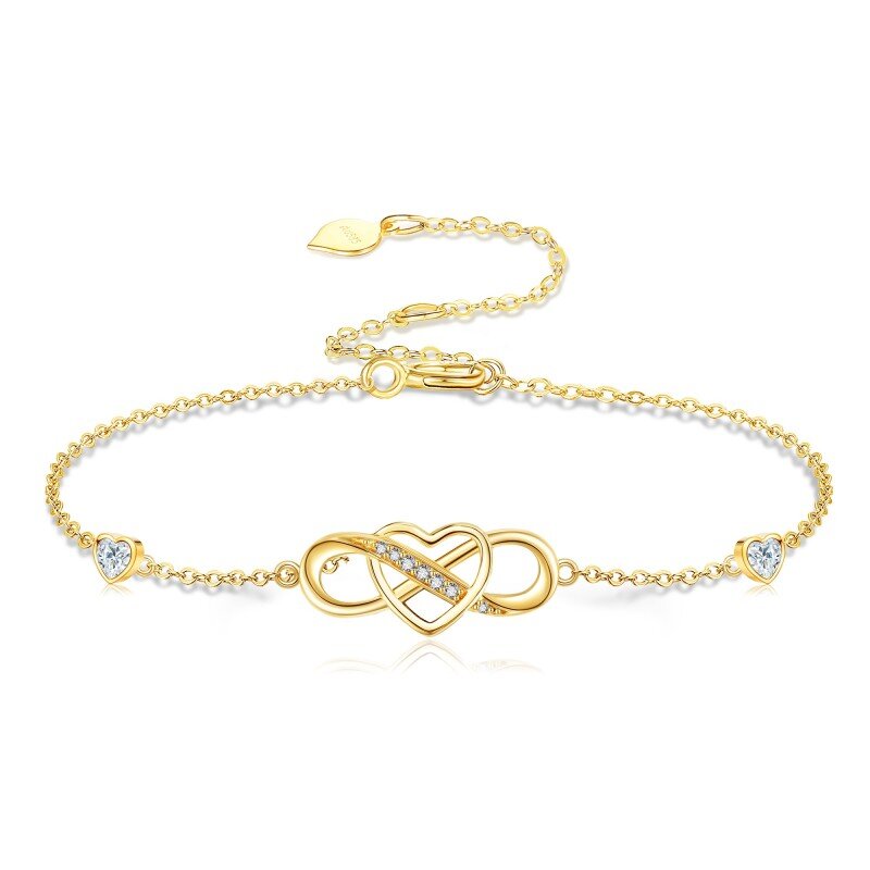 14K Gold Circular Shaped & Heart Shaped Cubic Zirconia Heart & Infinity Symbol Pendant Bracelet