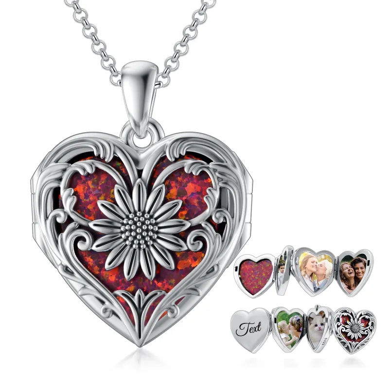 Sterling Silver Heart Shaped Opal & Personalized Engraving Sunflower & Personalized Photo & Heart Personalized Photo Locket Necklace