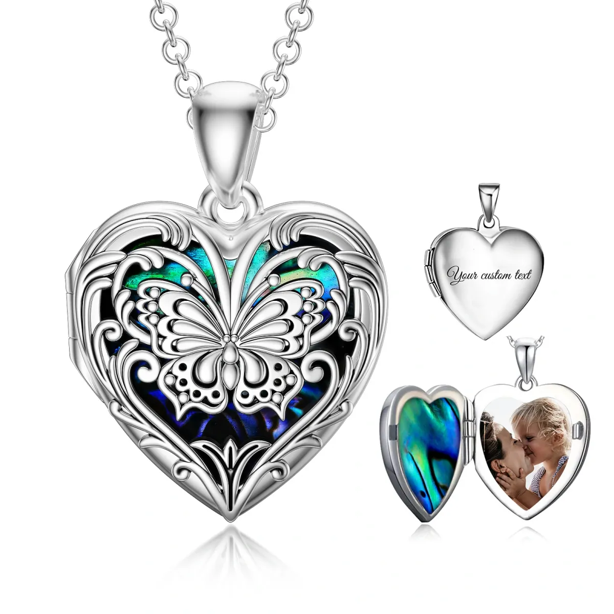 Mariposa de plata de ley en forma de corazón de abulón mariscos Personalizada Grabación Foto Collar Relicario-1
