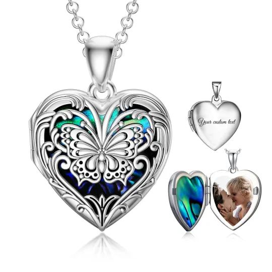 Colar de prata esterlina em forma de coração de borboleta com concha de abalone e gravura personalizada com foto