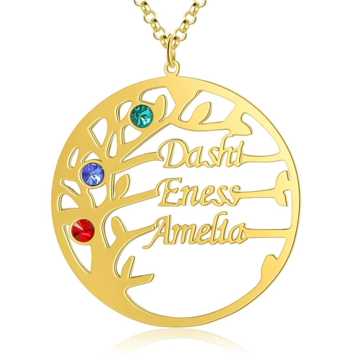 10K Gold Cubic Zirconia & Personalized Birthstone & Personalized Classic Name Tree Of Life Pendant Necklace-1