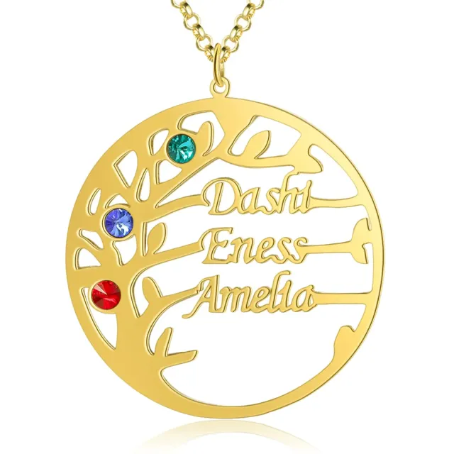 10K Gold Cubic Zirconia & Personalized Birthstone & Personalized Classic Name Tree Of Life Pendant Necklace-0