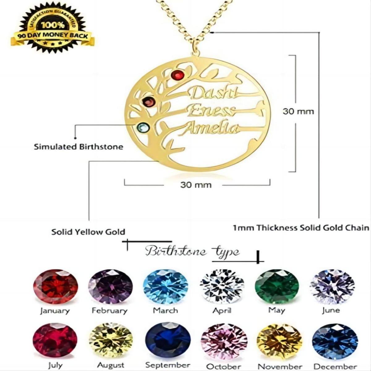 10K Gold Cubic Zirconia & Personalized Birthstone & Personalized Classic Name Tree Of Life Pendant Necklace-4