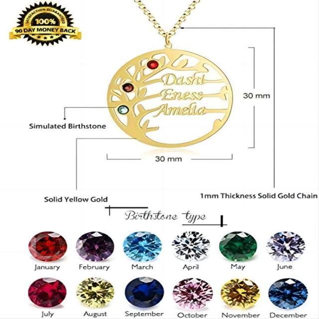 10K Gold Cubic Zirconia & Personalized Birthstone & Personalized Classic Name Tree Of Life Pendant Necklace-3