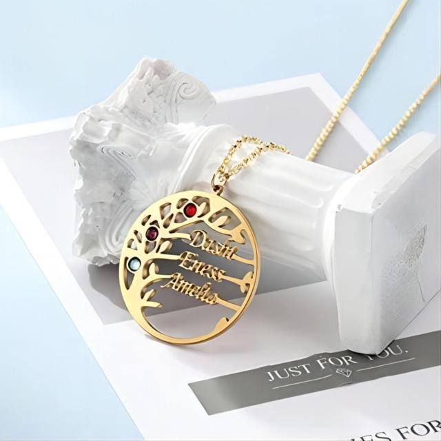 10K Gold Cubic Zirconia & Personalized Birthstone & Personalized Classic Name Tree Of Life Pendant Necklace-3