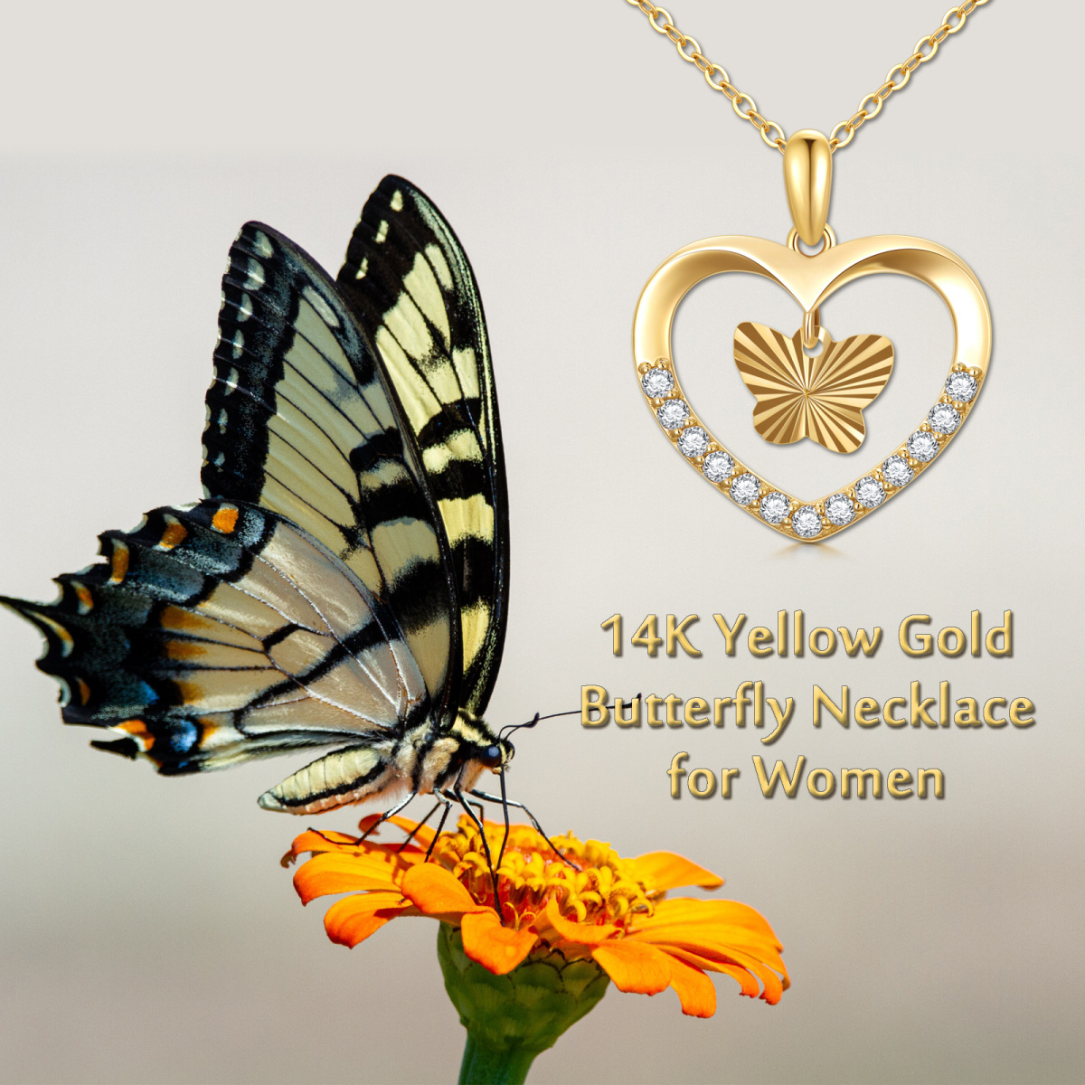 9K Gold Circular Shaped Moissanite Butterfly Pendant Necklace-6