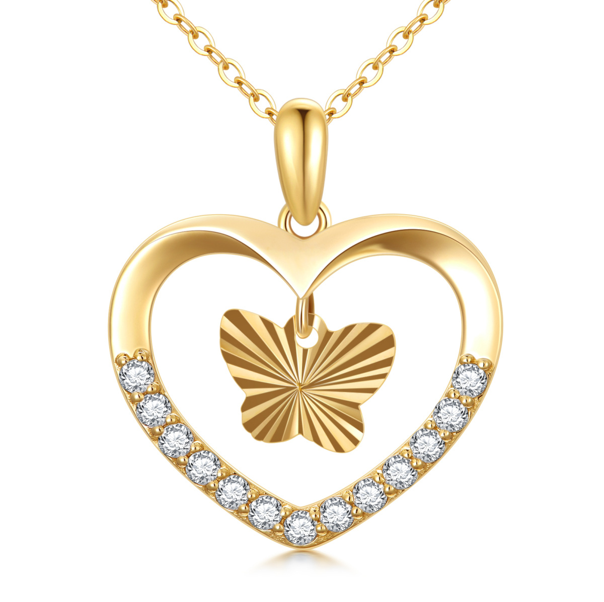 9K Gold Circular Shaped Moissanite Butterfly Pendant Necklace-1