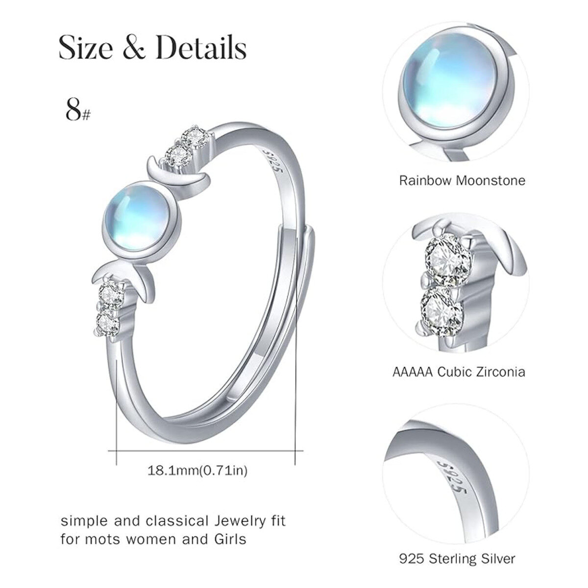Sterling Silver Crystal Moon Ring-4