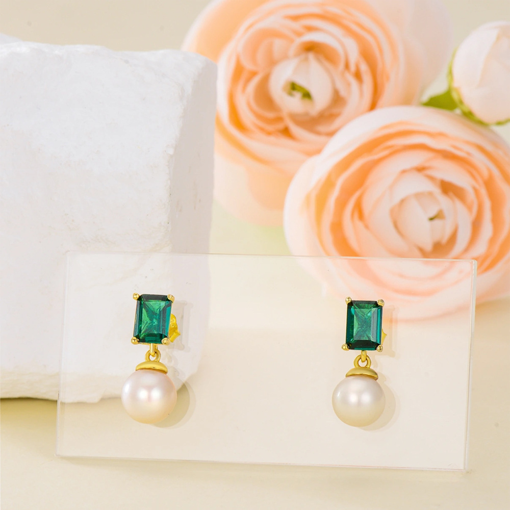 14K Gold Circular Shaped & Princess-square Shaped Cubic Zirconia & Pearl Spherical & Square Stud Earrings-3