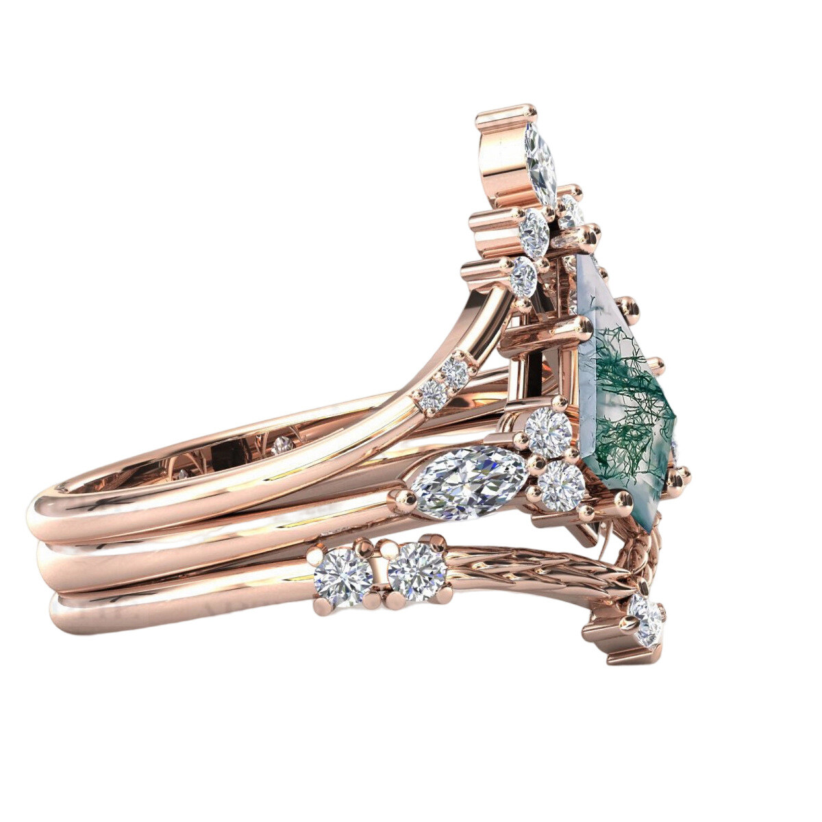 10K Rose Gold Moss Agate Stackable Ring-5
